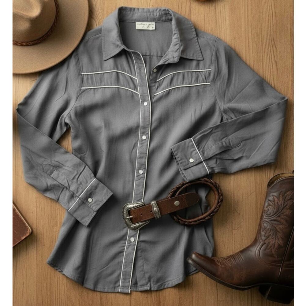 Vintage Goa Western Button Shirt Gray Piped Cowboy Rodeo Boho Top S NWT